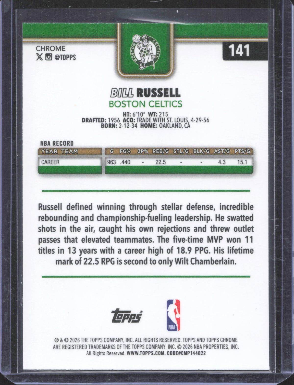 Topps 2025-26 Topps Chrome Update Bill Russell #141 X-fractor