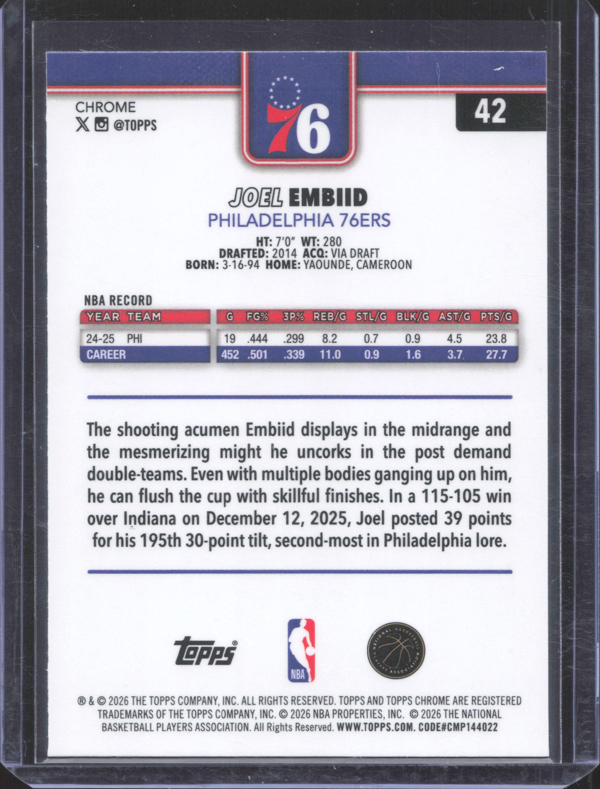 Topps 2025-26 Topps Chrome Update Joel Embiid #42 X-Fractor