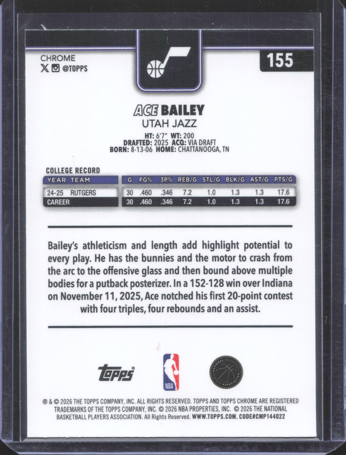 Topps 2025-26 Topps Chrome Update Ace Bailey #155