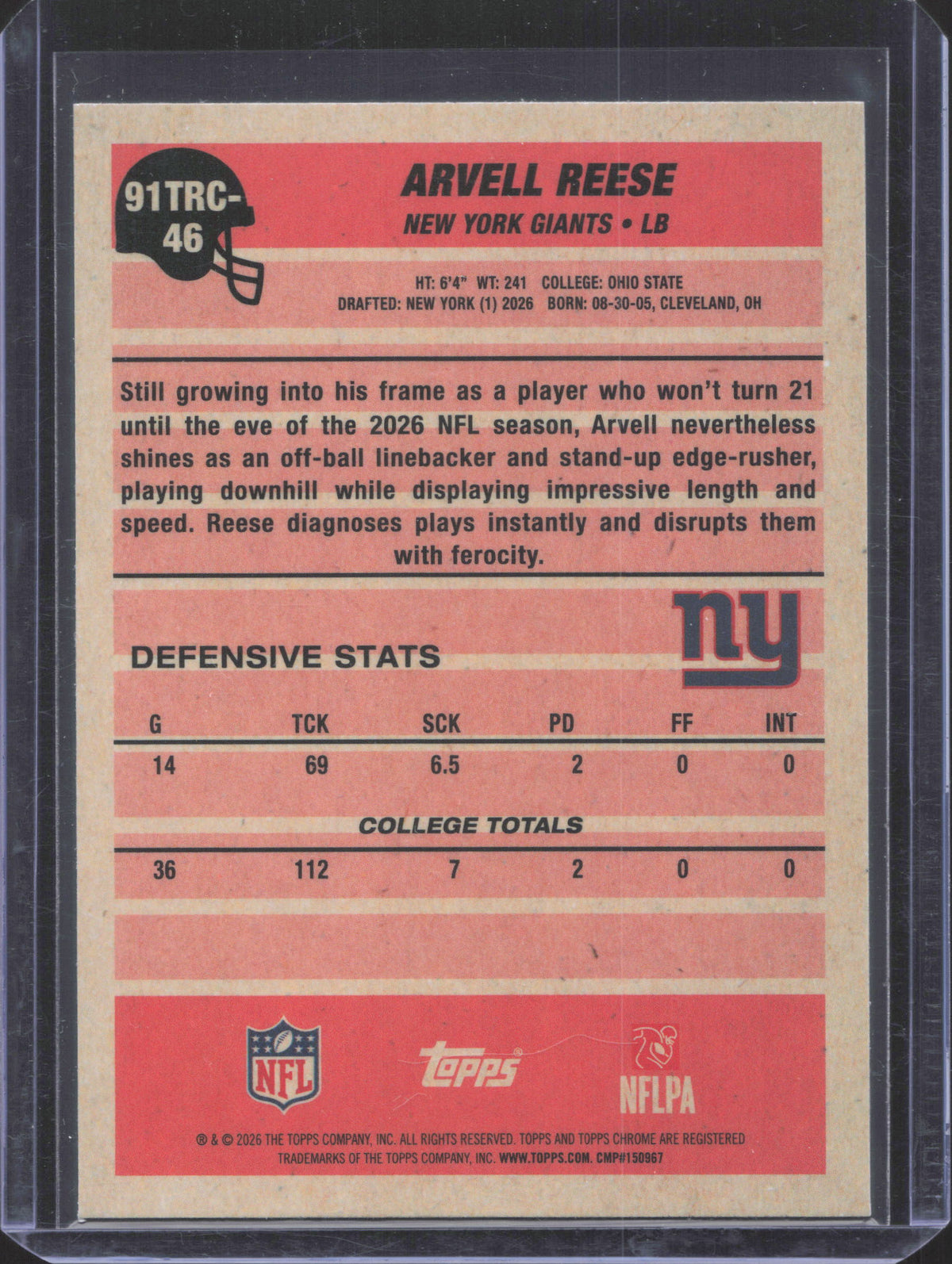 Topps 2026 Topps Flagship Arvell Reese #91TR-46