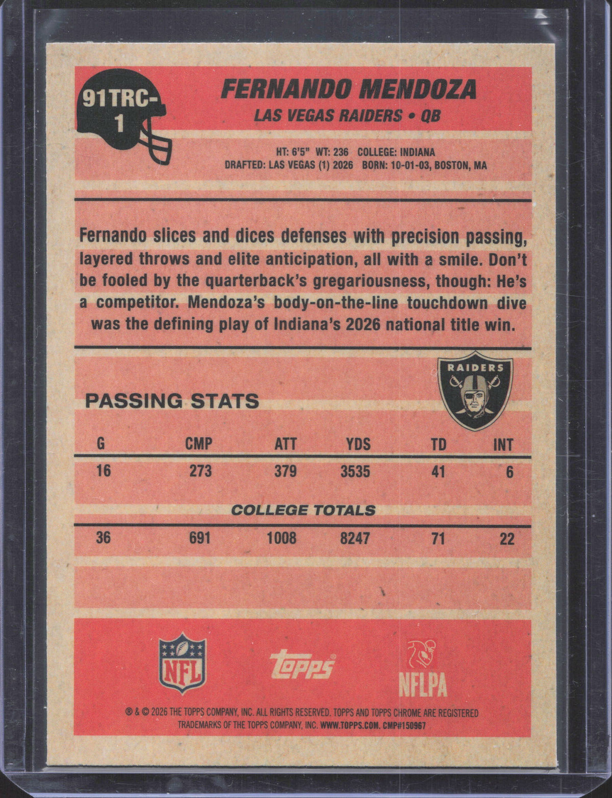 2026 Topps Flagship Fernando Mendoza #91TRC-1 1991 Topps Football Rookies MOJO