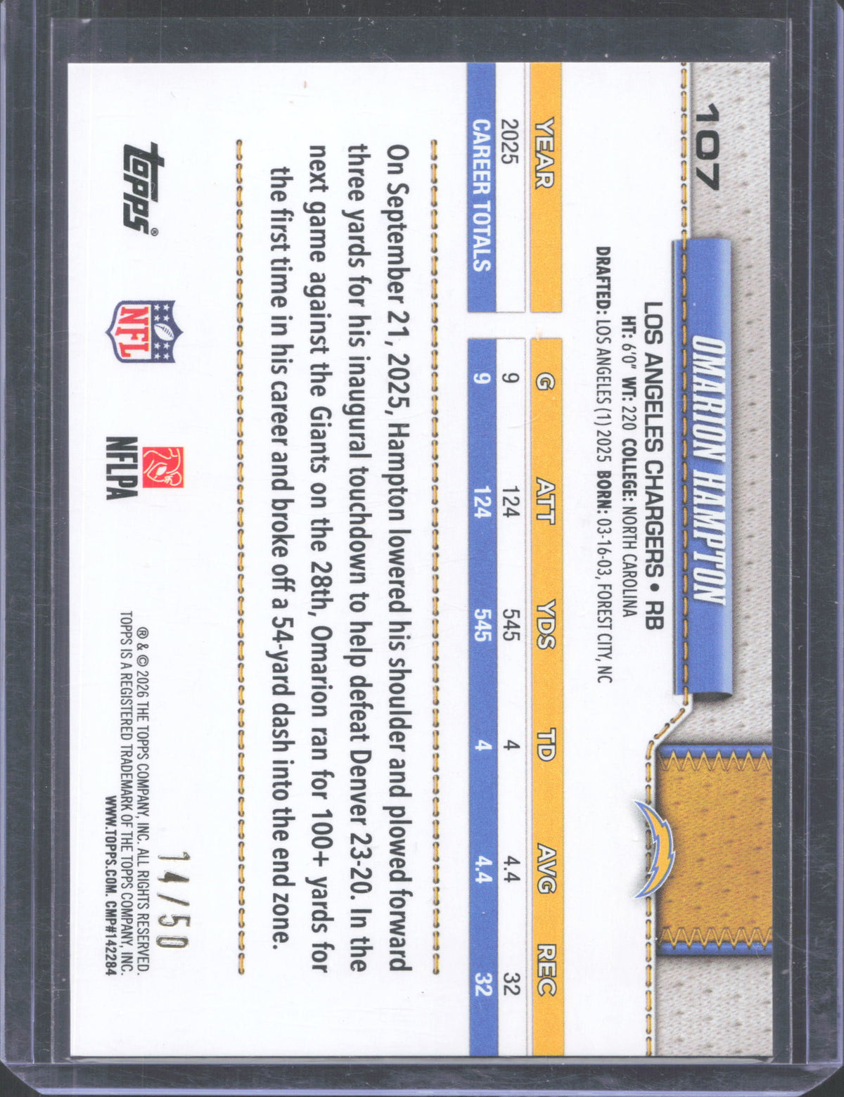 2026 Topps Flagship Omarion Hampton #107 /50 Gold Sandglitter