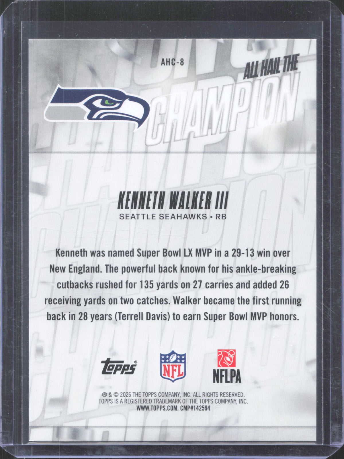 2026 Topps Flagship Kenneth Walker III #AHC-8 All Hail the Champ Blue /150