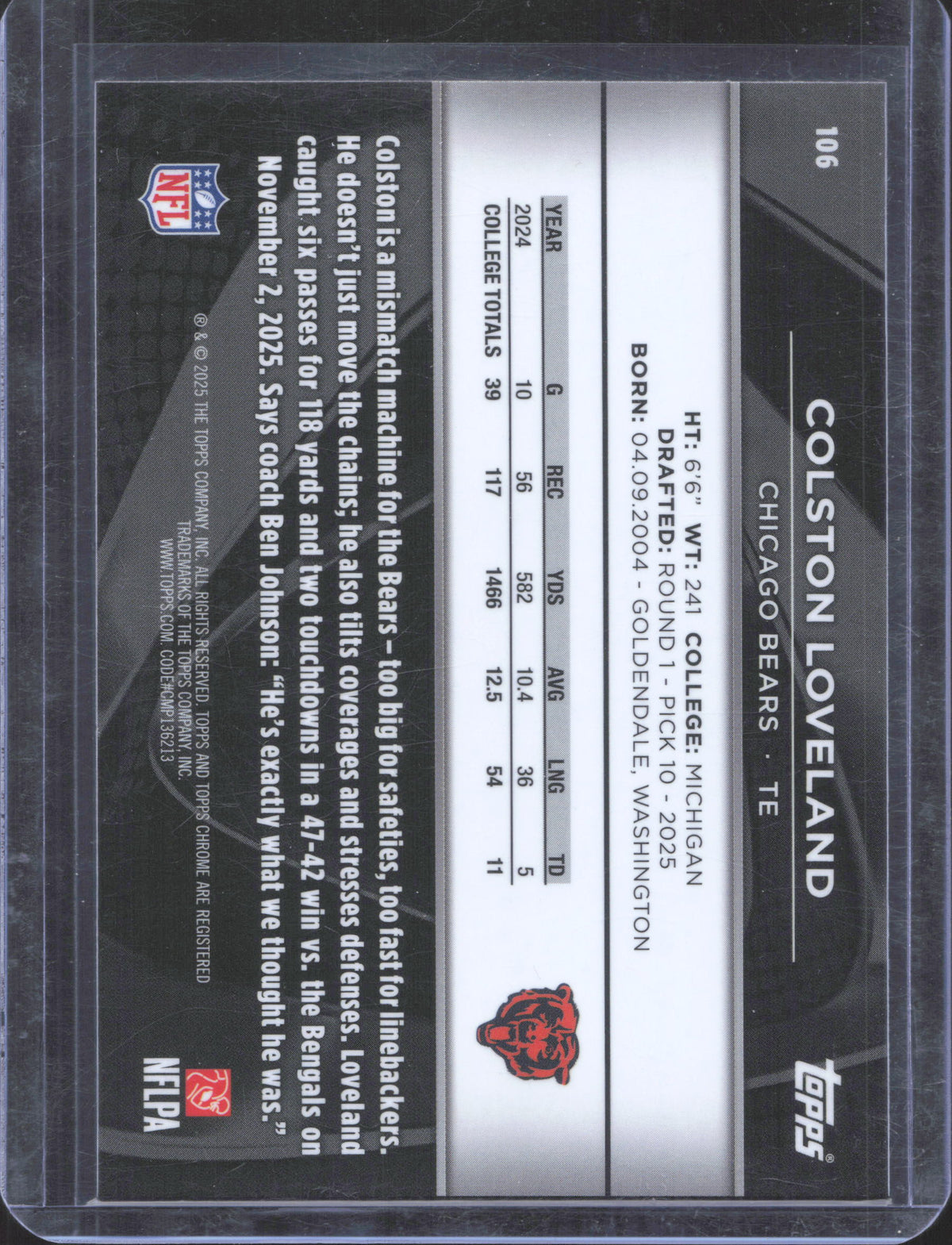 2025 Topps Chrome Black Colston Loveland #106