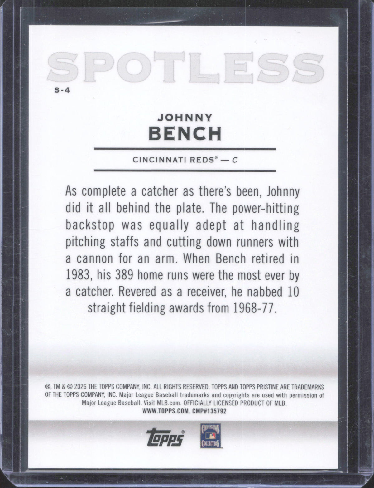 2026 Topps Pristine Johnny Bench #S-4 Spotless Blue Refractor /75