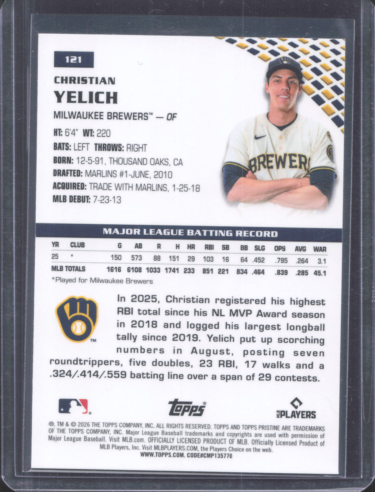 2026 Topps Pristine Christian Yelich #121 Green Refractor /150