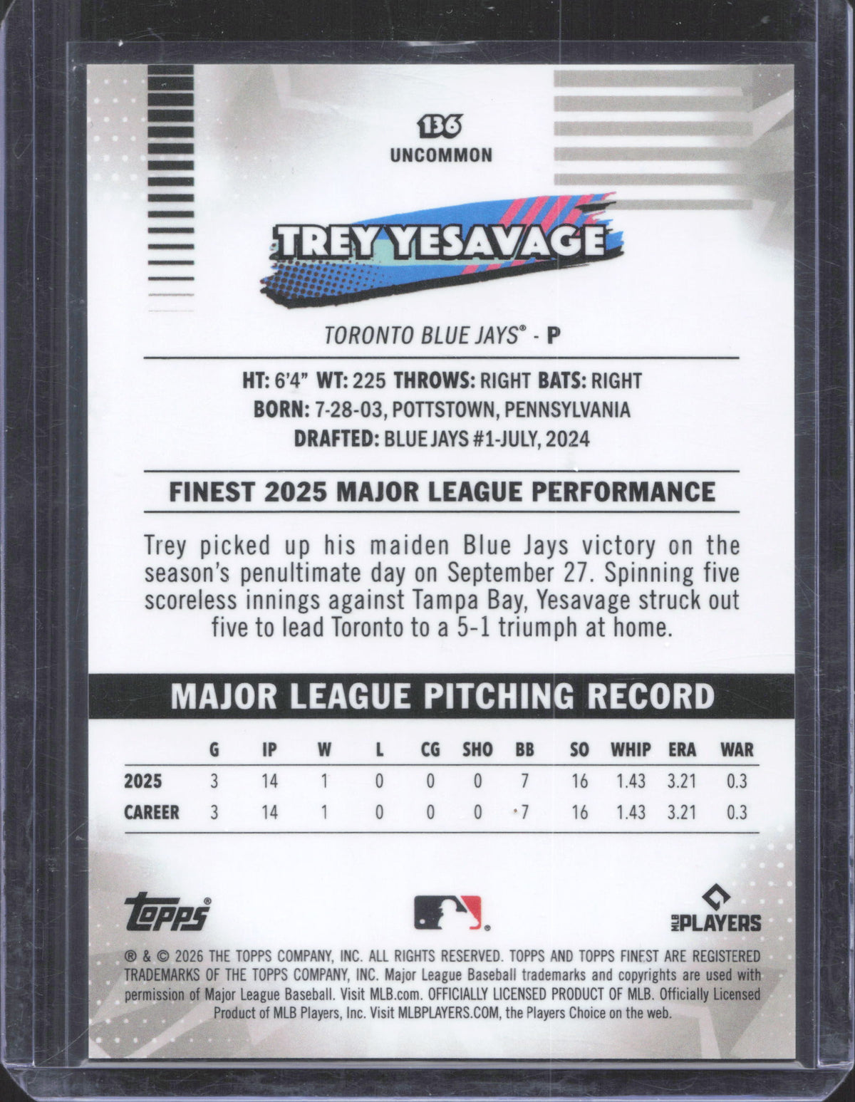 2026 Finest Trey Yesavage #136 Purple Refractors