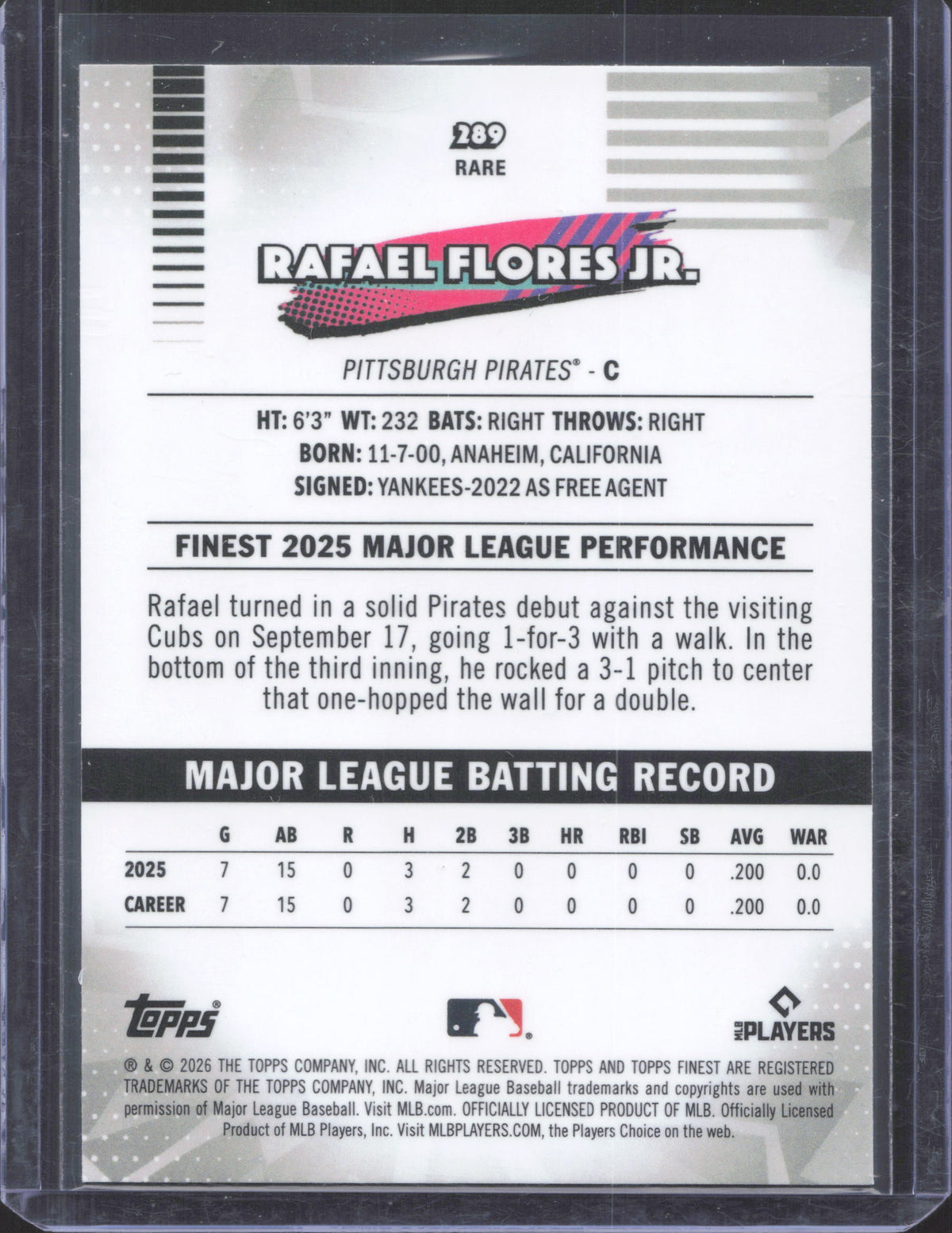 2026 Finest Rafael Flores Jr. #289 Pink Refractors