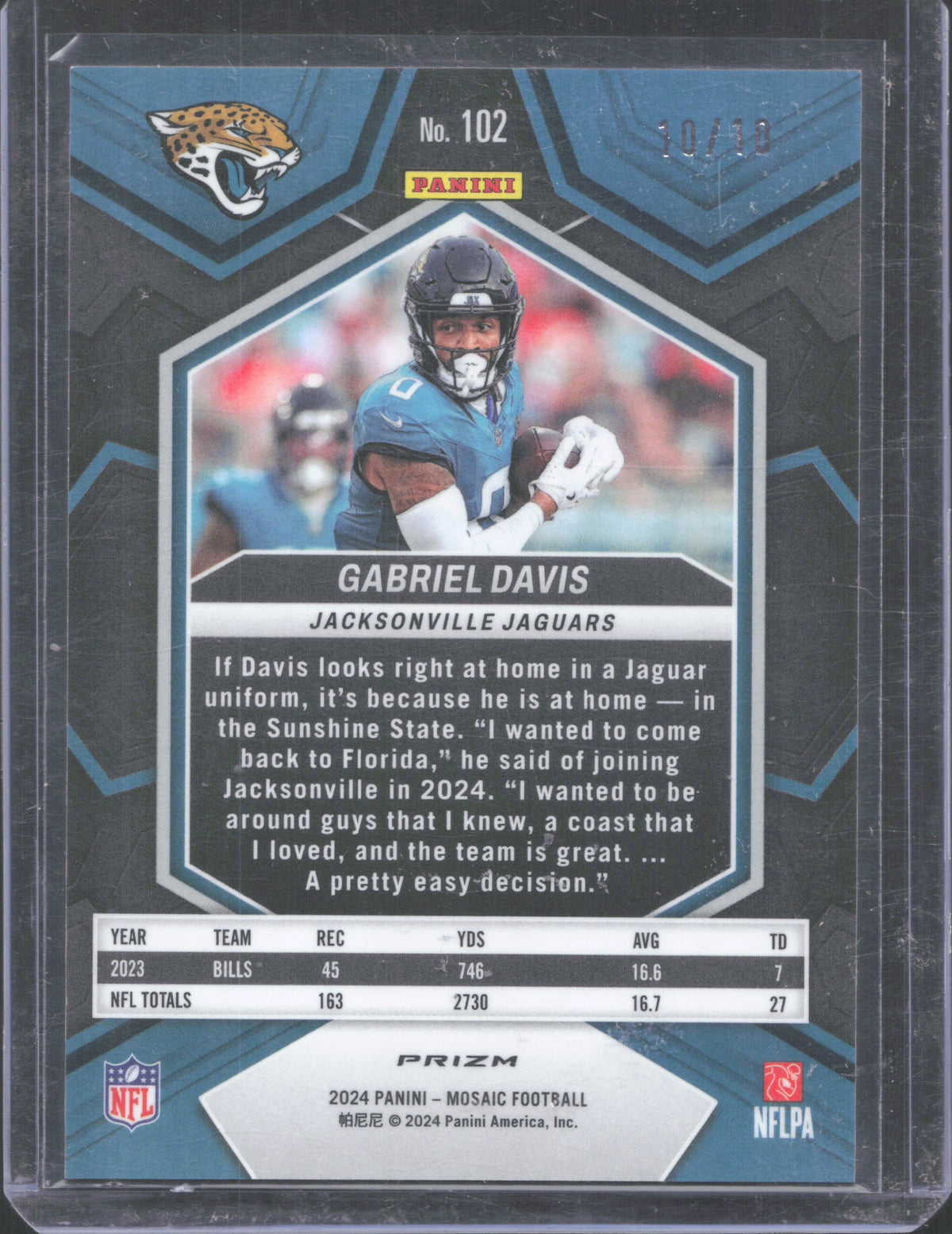 2024 Panini Mosaic Gabriel Davis #102 Mosaic Camo Pink 10/10 Bookend