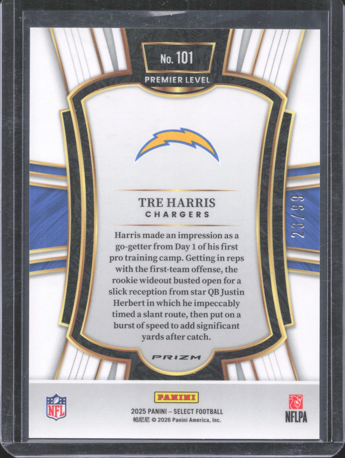 2025 Panini Select Tre Harris #101 Light Blue Prizm 20/99