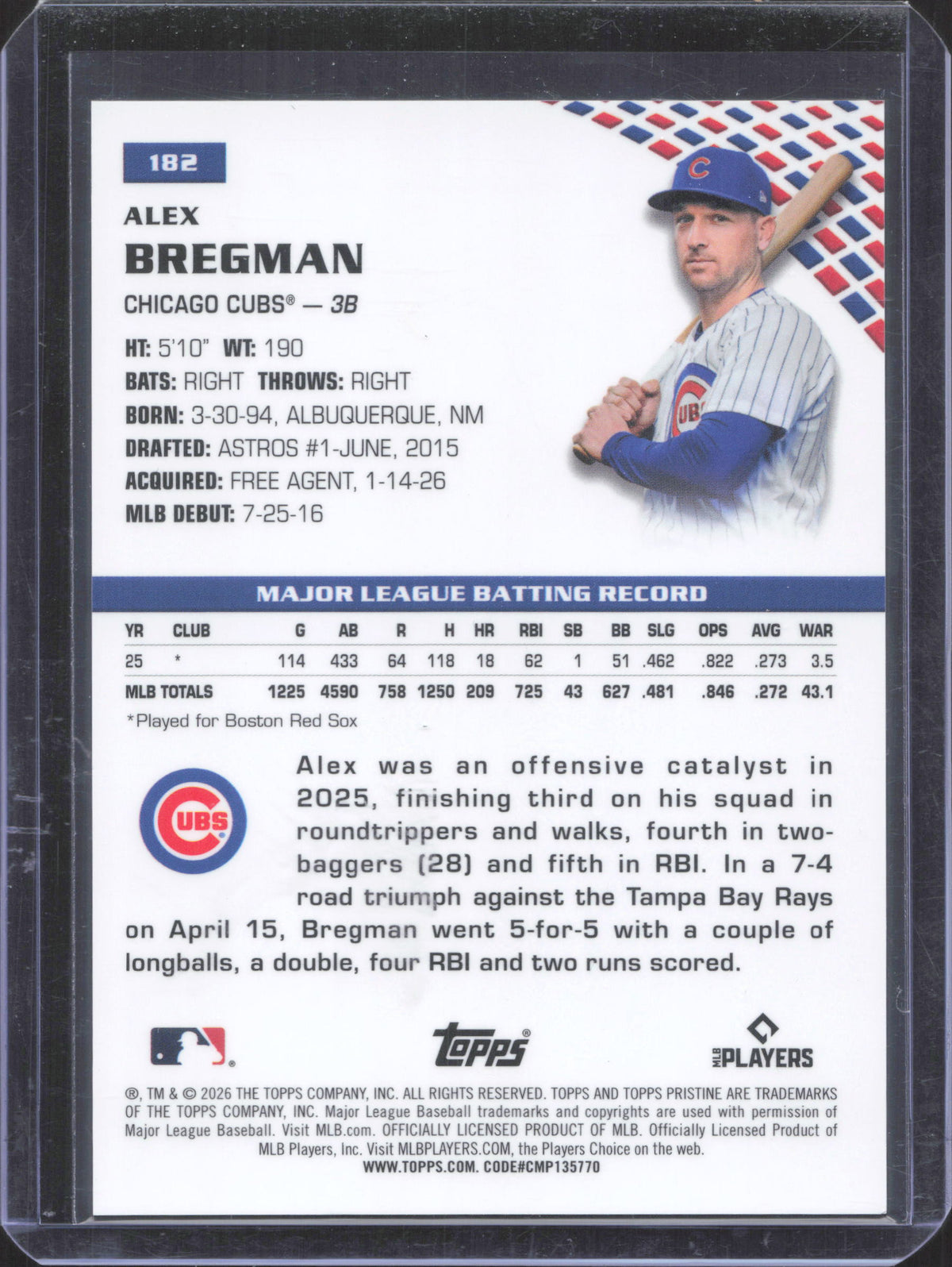 2026 Topps Pristine Alex Bregman #182 Gold Refractor 32/50