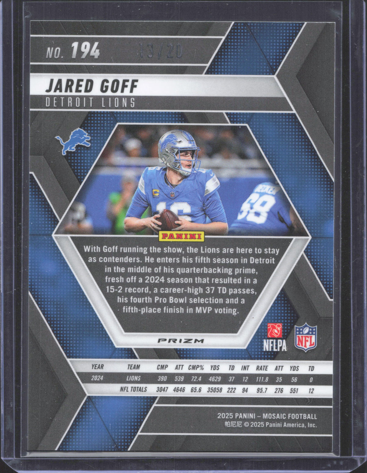 2025 Panini Mosaic Jared Goff #194 Mosaic No Huddle Pink 13/20