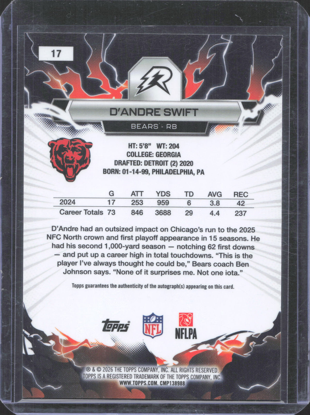 2025 Topps Resurgence D’Andre Swift #17 Magenta Surge Refractor Auto 3/5