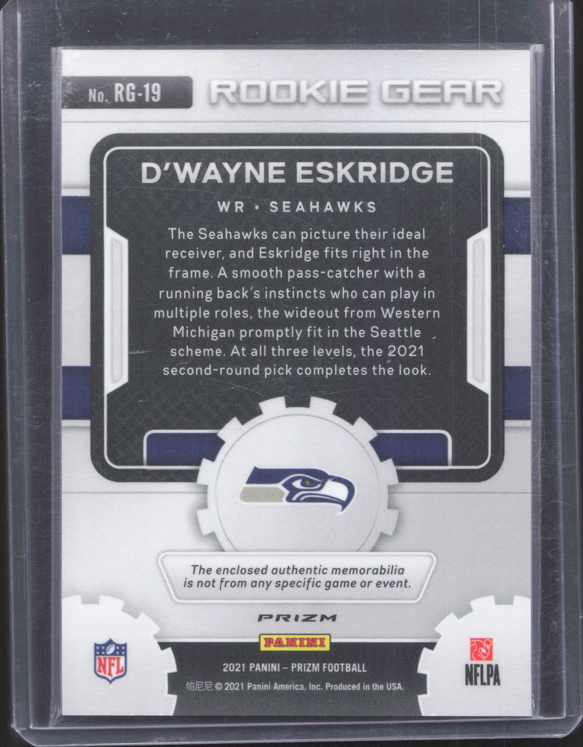 2021 Panini Prizm D'Wayne Eskridge #RG-19 Rookie Gear Pink
