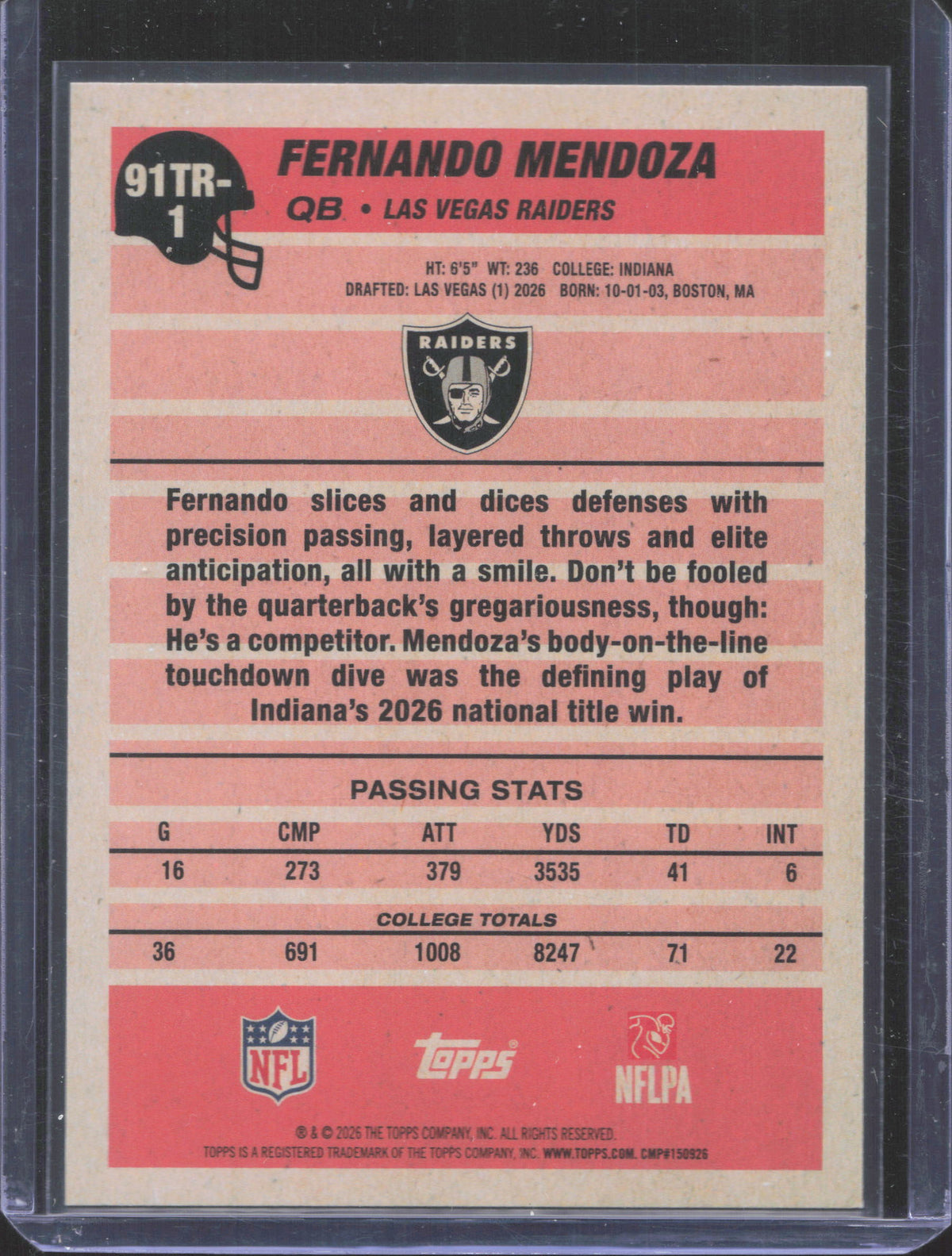 2026 Topps Flagship Fernando Mendoza #91TR-1 Rookies Silver Crackle