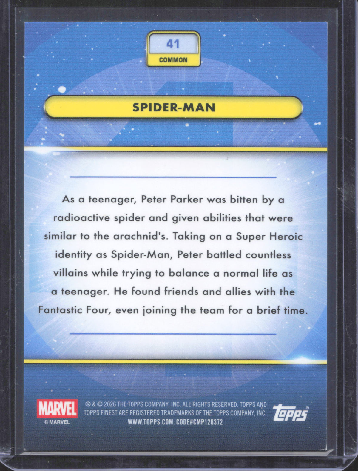 2026 Topps FInest Marvel Comics Spider Man 41 Blue Refractor 16/150