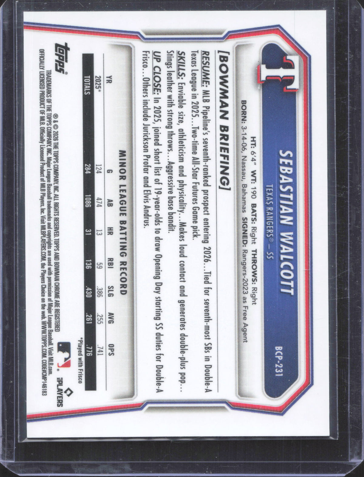 2026 Bowman Chrome Sebastian Walcott #BCP-231 Prospects Mojo 16/100