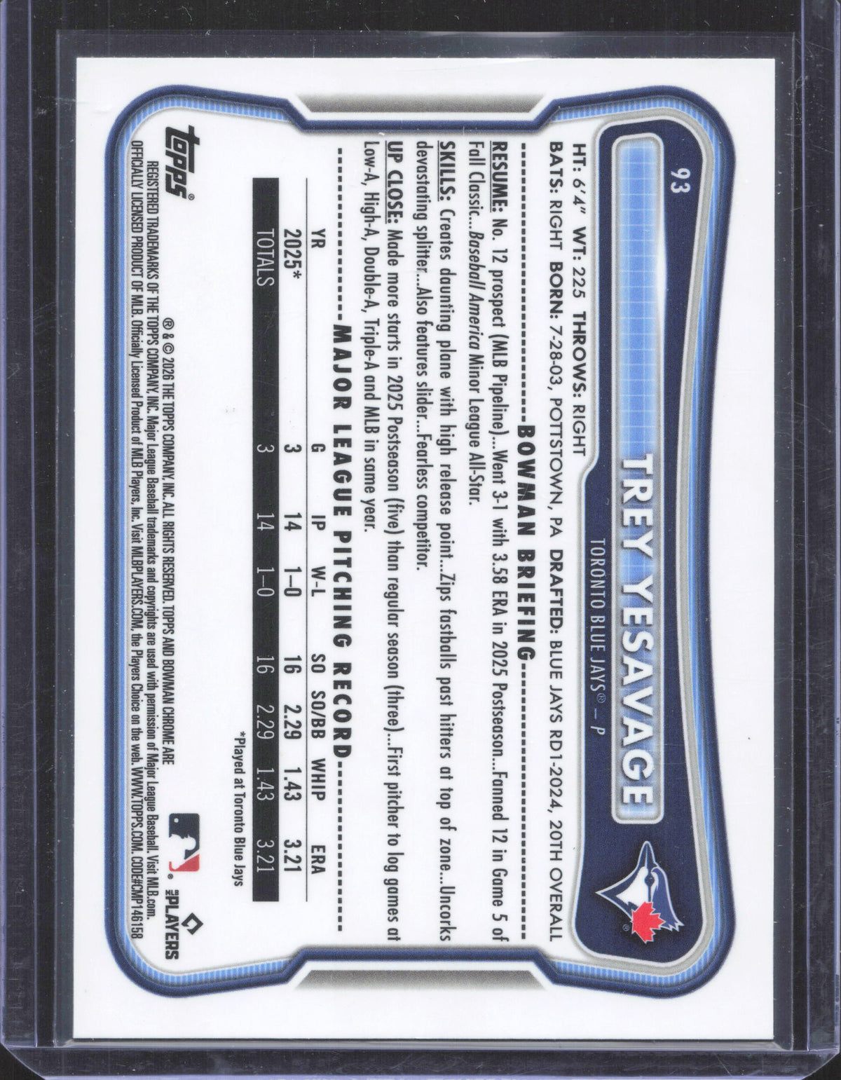 2026 Bowman Chrome Trey Yesavage #93