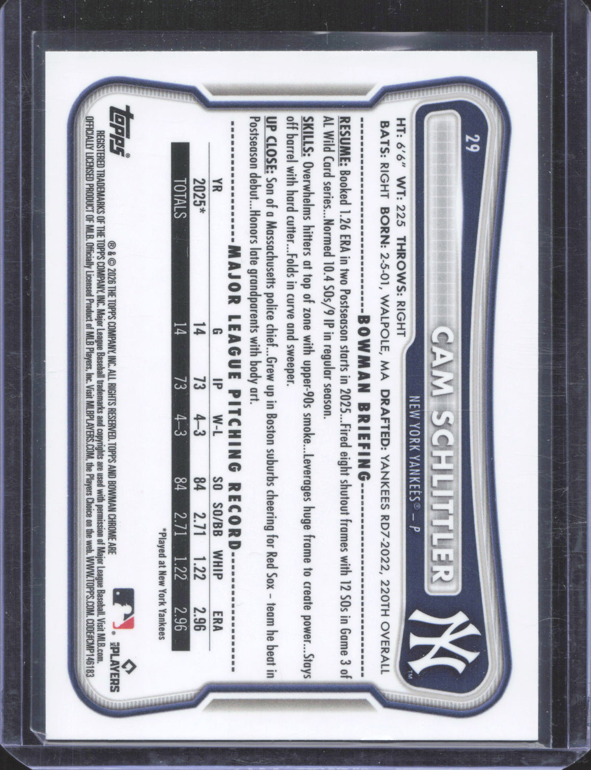 2026 Bowman Chrome Cam Schlittler #29 Mojo Refractor