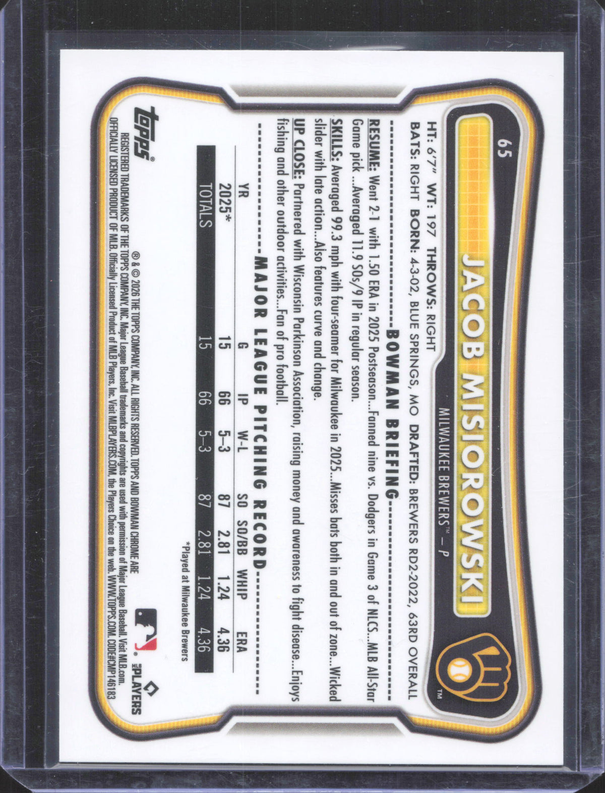 Bowman 2026 Bowman Chrome Jacob Misiorowski #65 Mojo Refractor