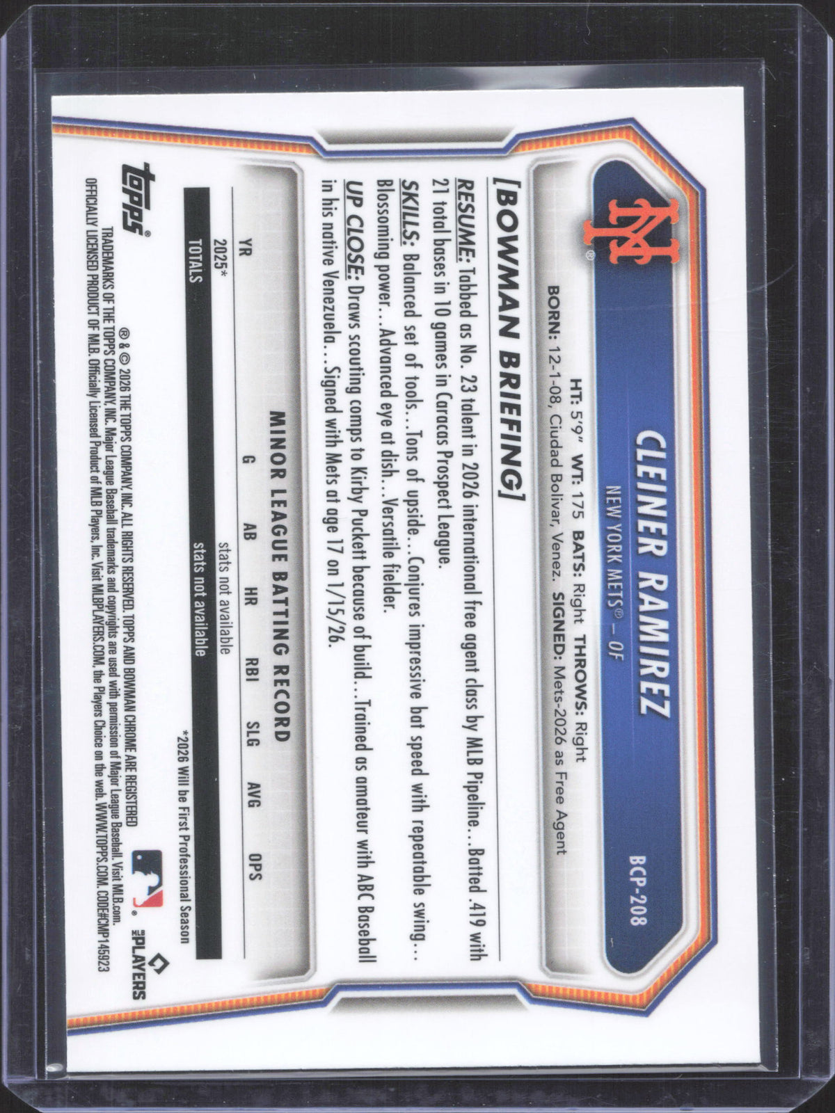 2026 Bowman Chrome Cleiner Ramirez #BCP-208 Prospects Laser