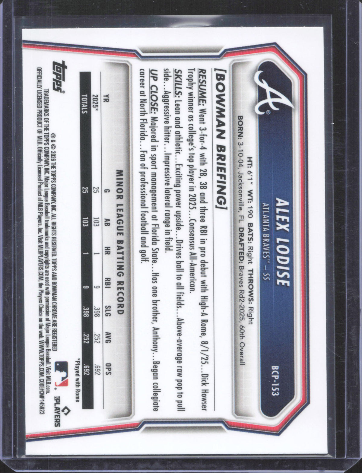 2026 Bowman Chrome Alex Lodise #BCP-153 Prospects Laser