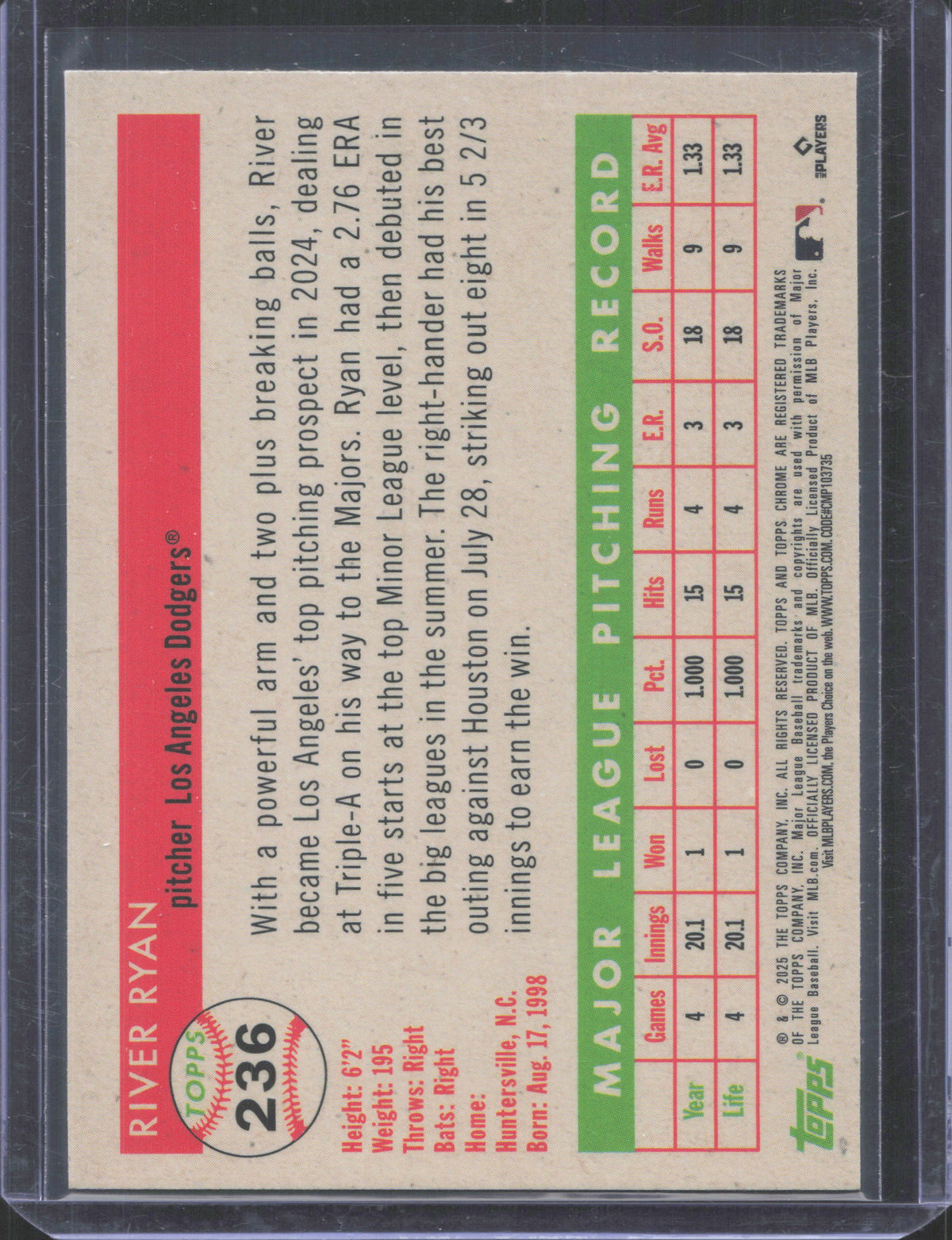 2025 Topps Chrome Platinum Anniversary River Ryan #236 Refractor
