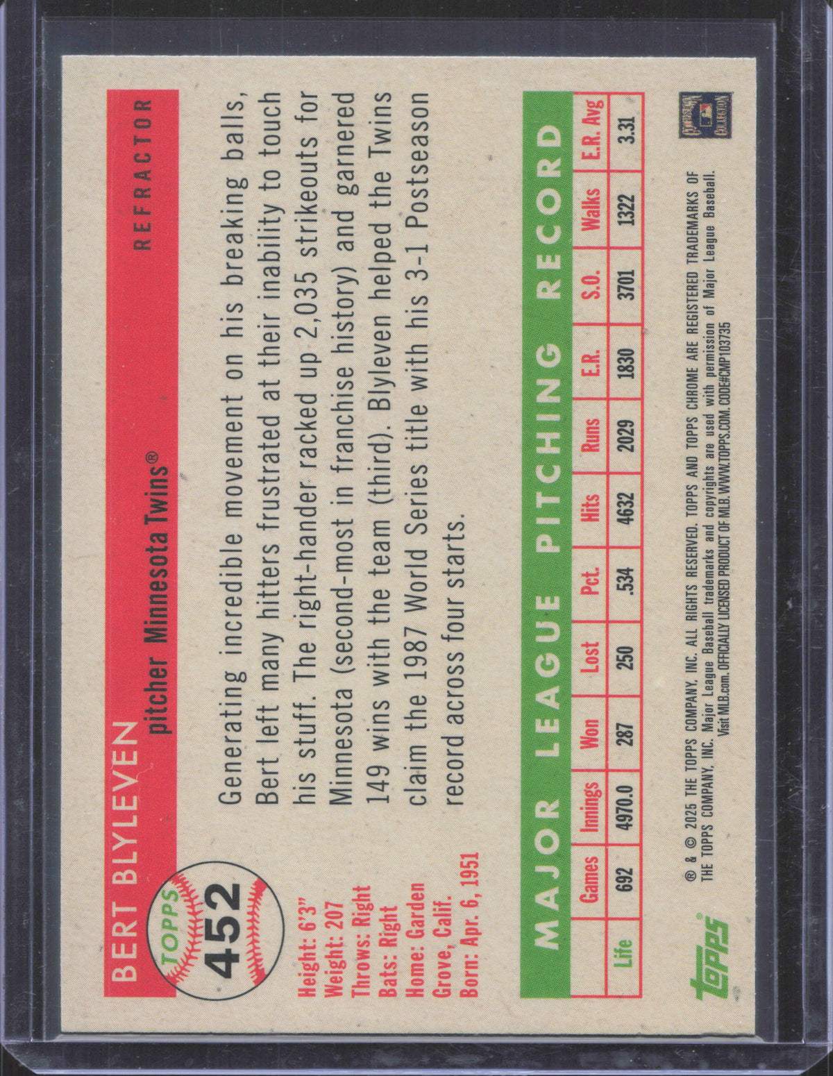 2025 Topps Chrome Platinum Anniversary Bert Blyleven #452
