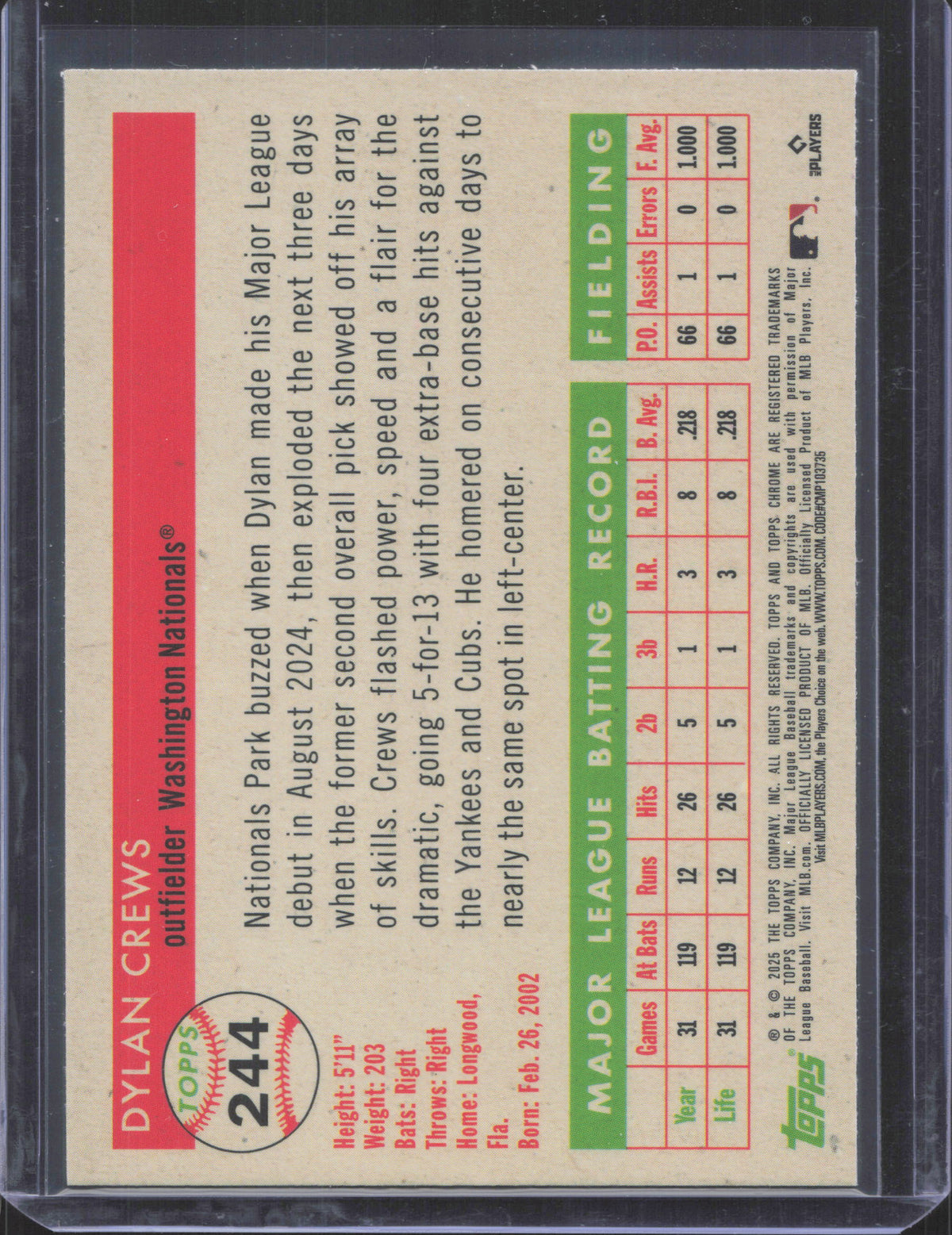 2025 Topps Chrome Platinum Anniversary Dylan Crews #244