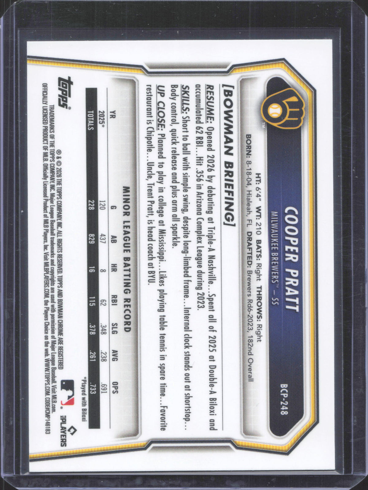 #BCP248 Cooper Pratt 2026 Bowman Chrome Mojo Refractor