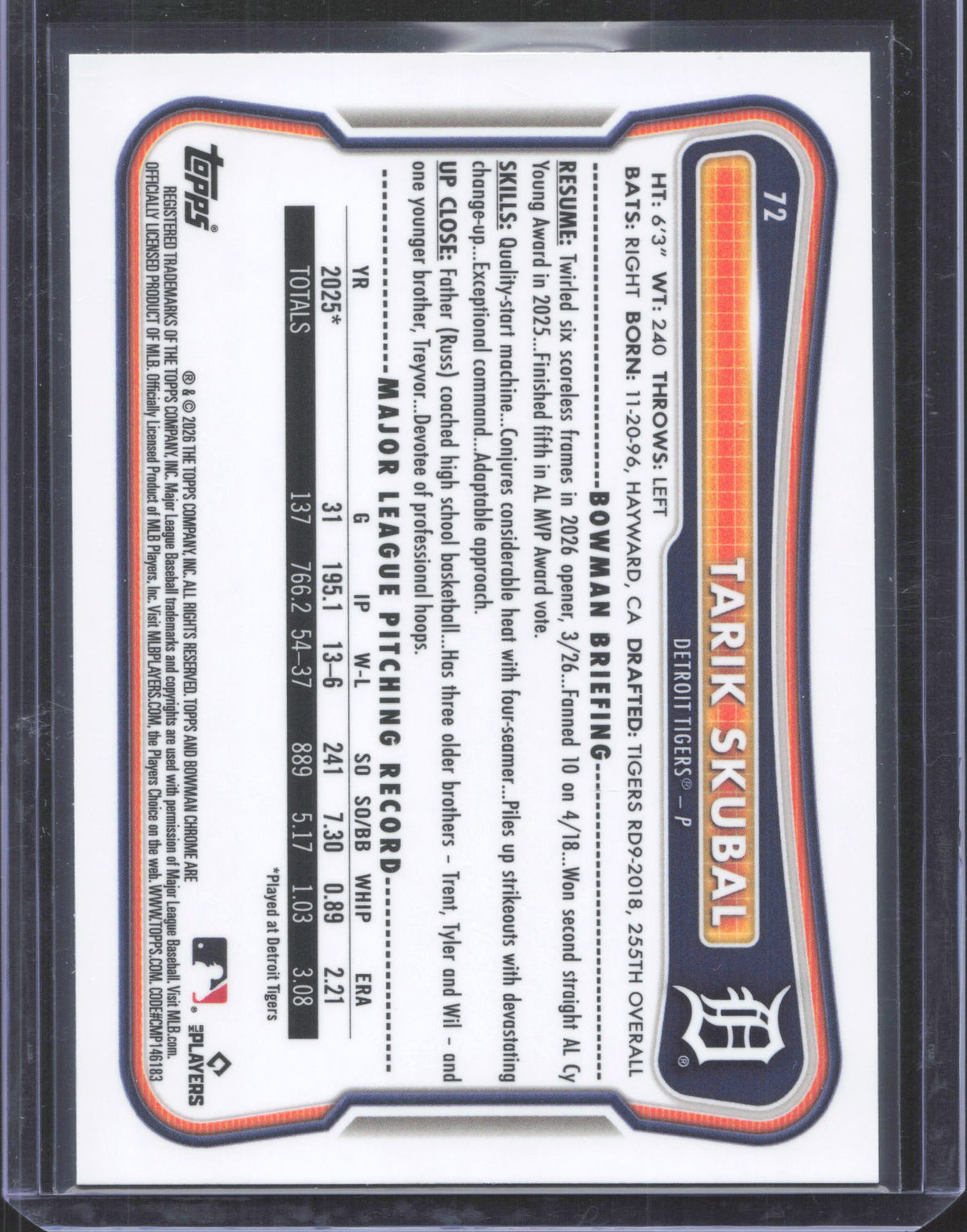 2026 Bowman Chrome Tarik Skubal #72