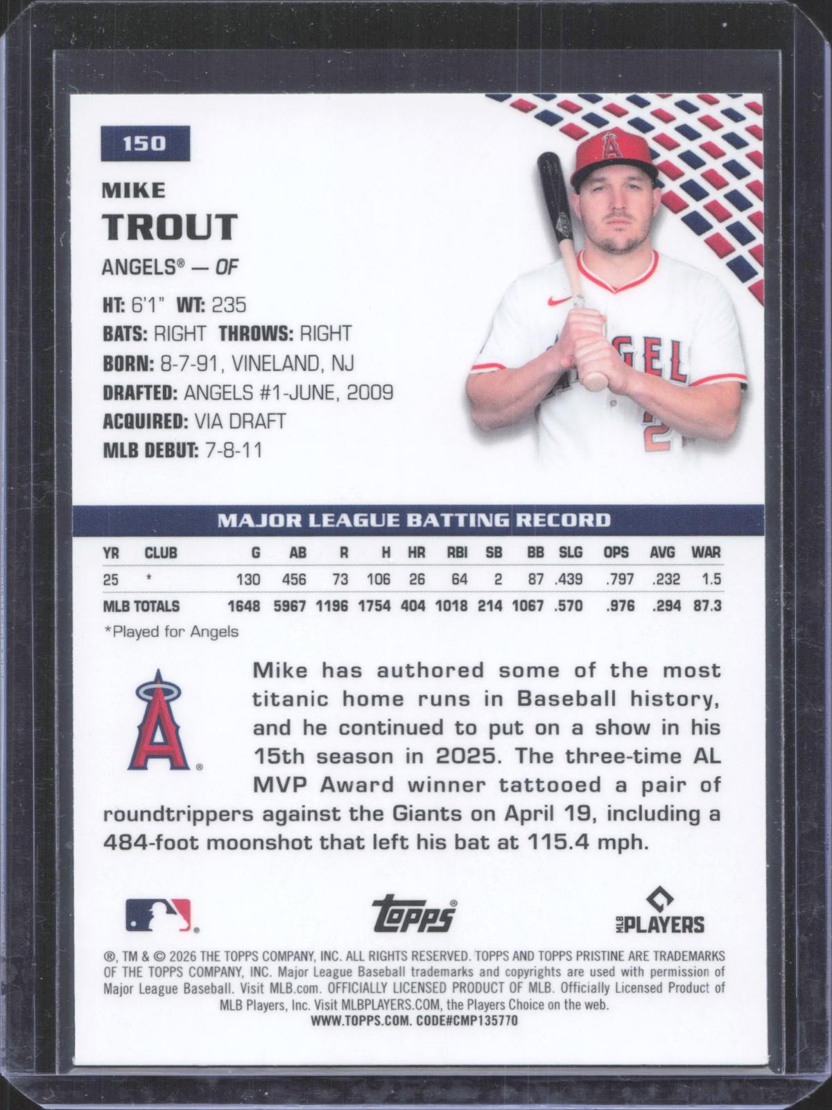 Topps 2026 Topps Pristine Mike Trout #150