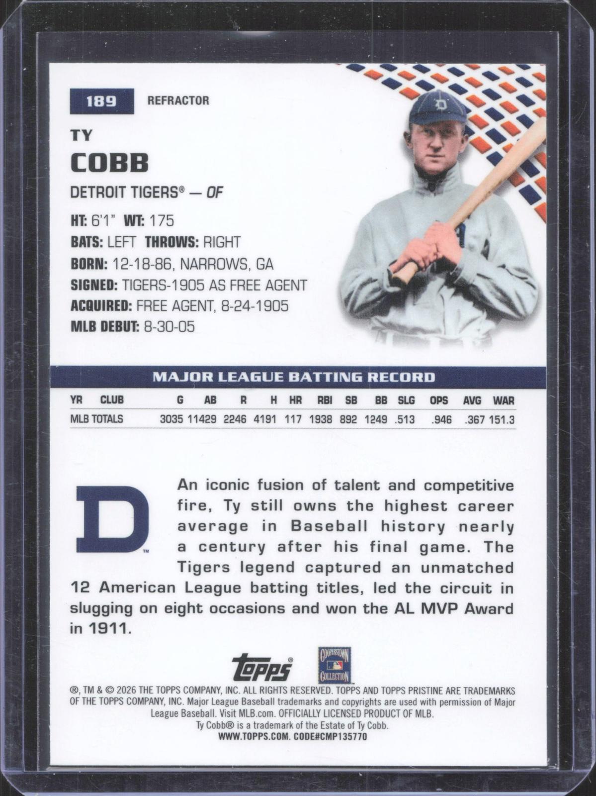 2026 Topps Pristine Ty Cobb #189 Refractor
