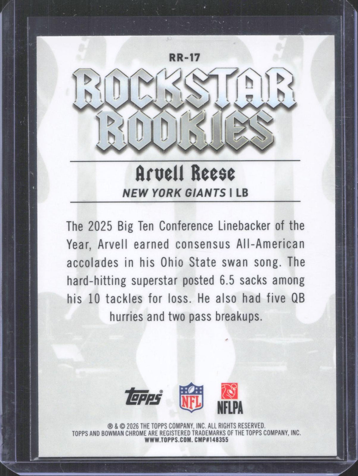 #RR 17 2026 Bowman Football Arvell Reese Rockstar Rookies 44/250