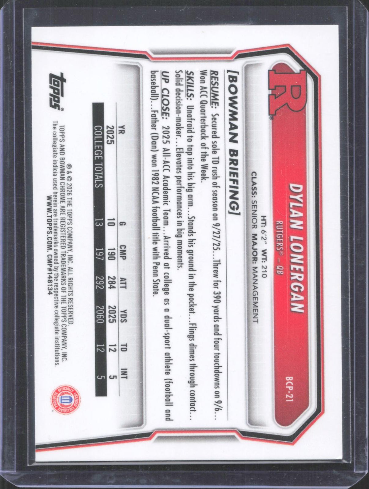 #BCP-21 2026 Bowman Football Dylan Lonergan 009/150