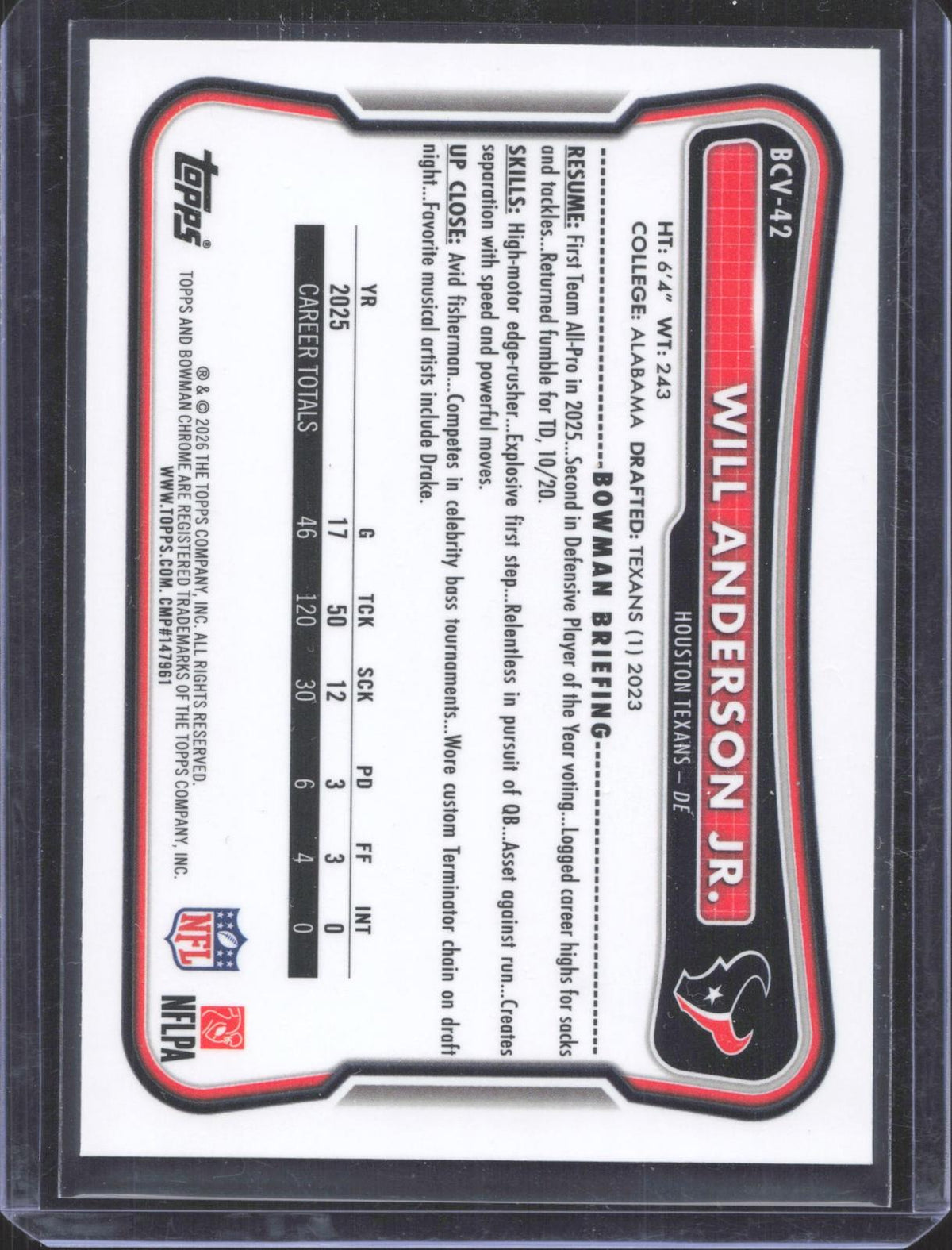 BCV-42 2026 Bowman Football Will Anderson Jr. Mojo