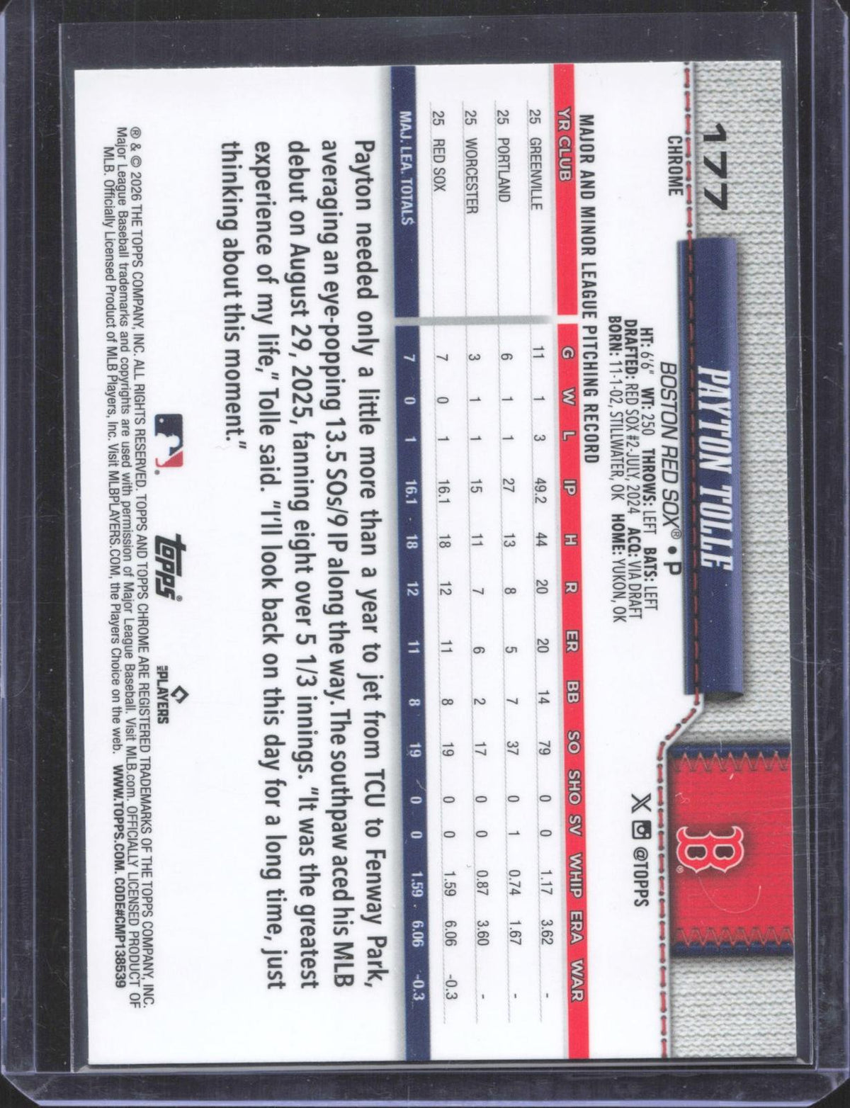 #177 226 Bowman Chrome Payton Tolle Mojo