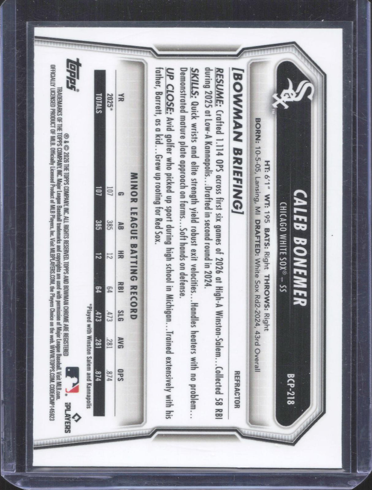 #BCP-218 2026 Bowman Chrome Caleb Bonemer 357/499