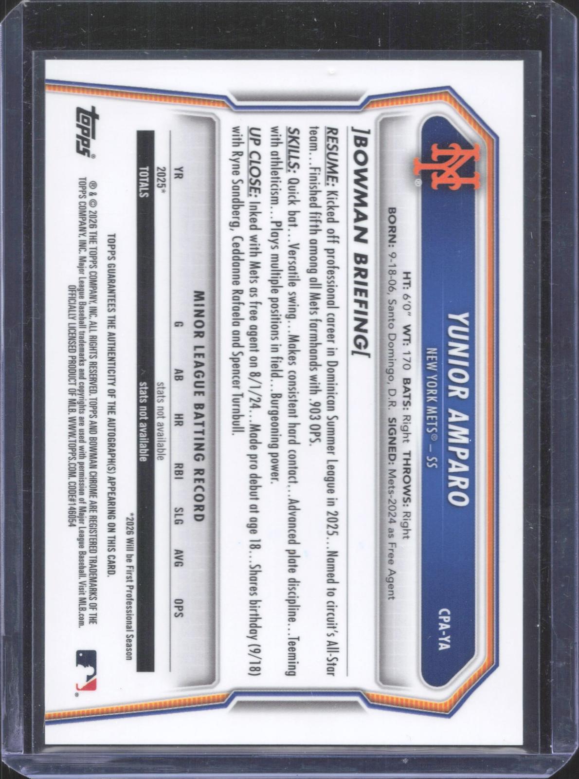 Bowman 2026 Bowman Chrome Yunior Amparo #CPA-YA Prospect Autographs