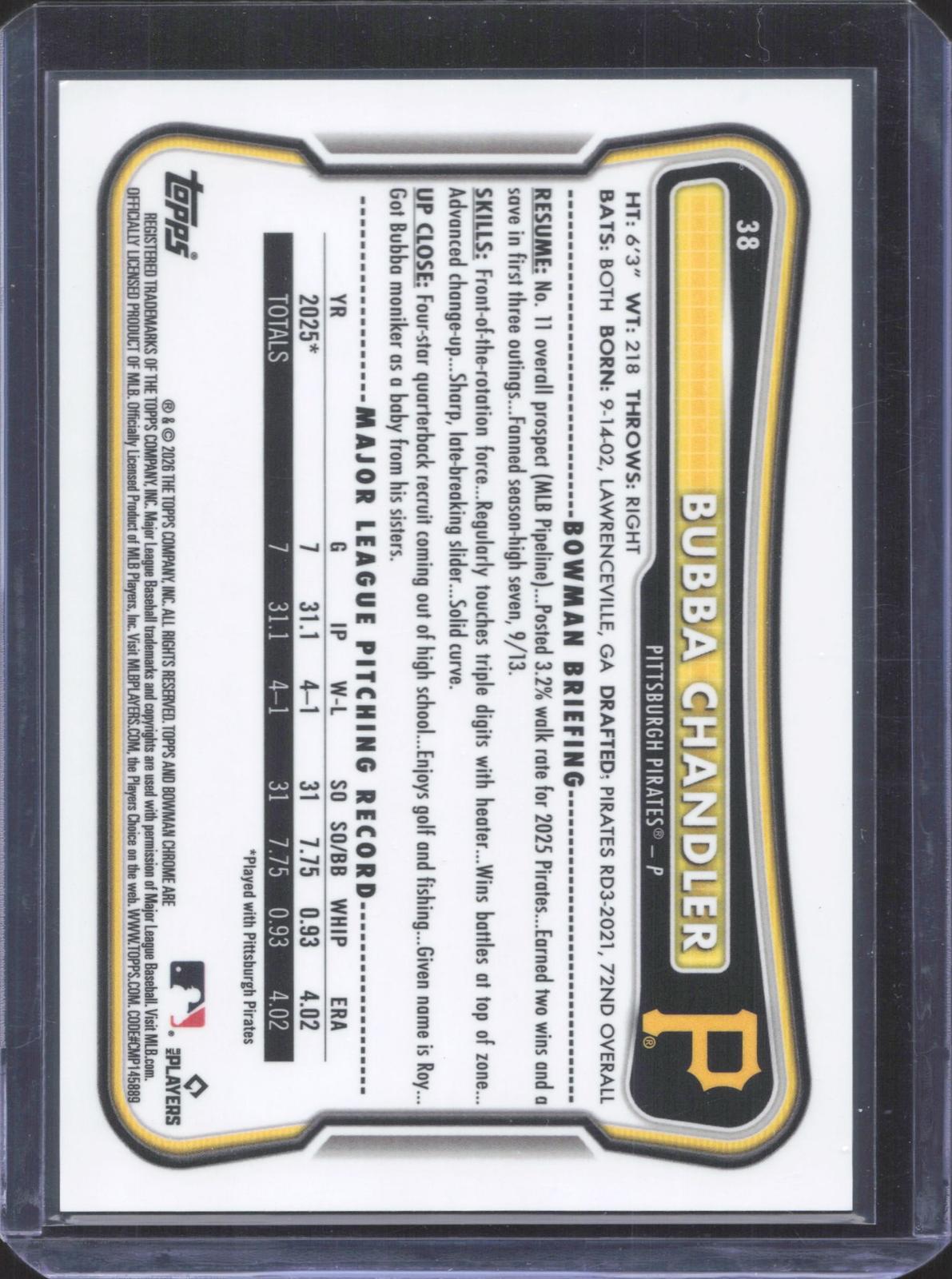 Topps Bowman Chrome Bubba Chandler Pirates #38 2026 Gold Refractor /50 RC