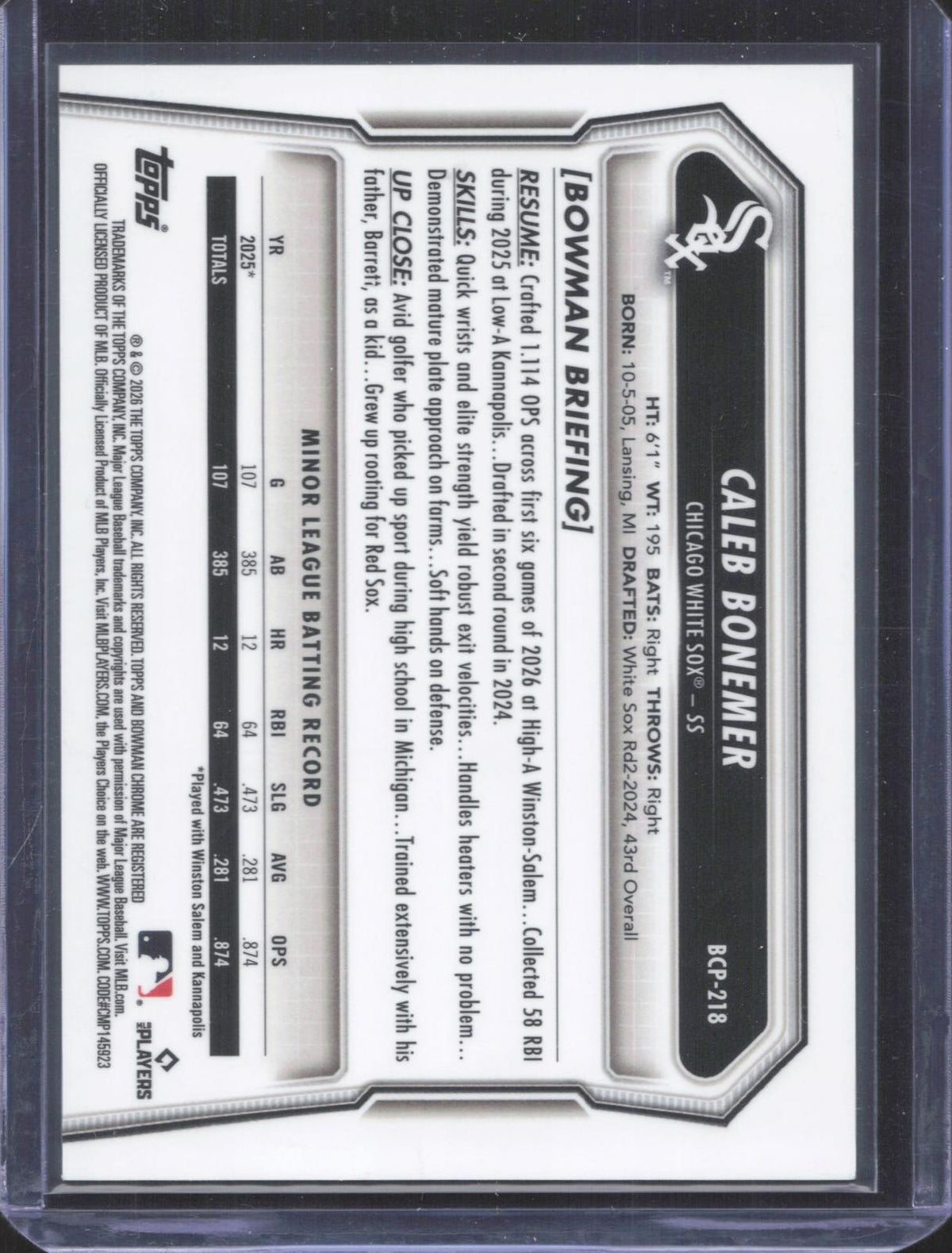 2026 Bowman Chrome Caleb Bonemer #BCP-218 Prospects Green Geometric Ref 20/99