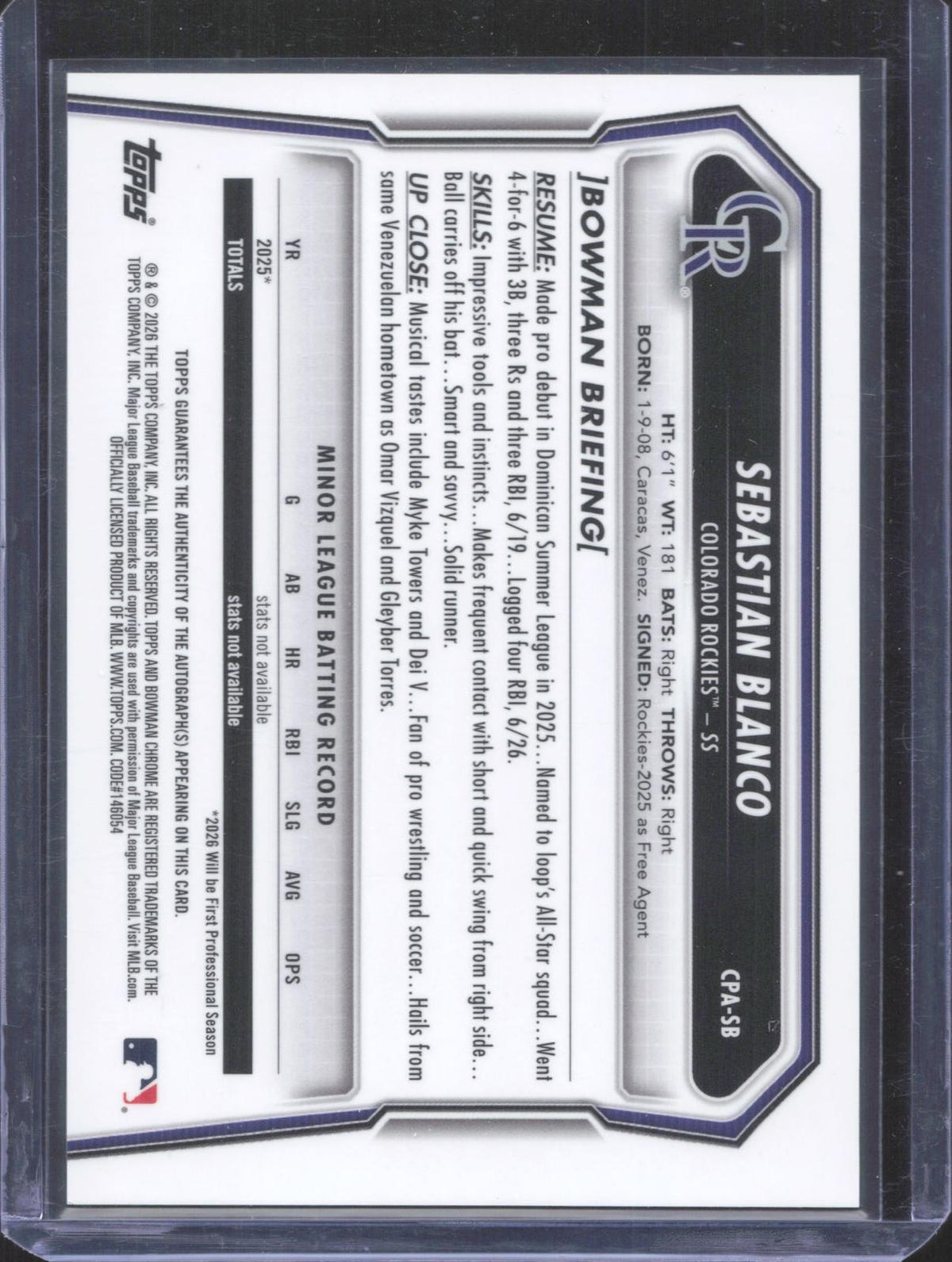 2026 Bowman Chrome Sebastian Blanco #CPA-SB Prospect Autographs Green 52/99