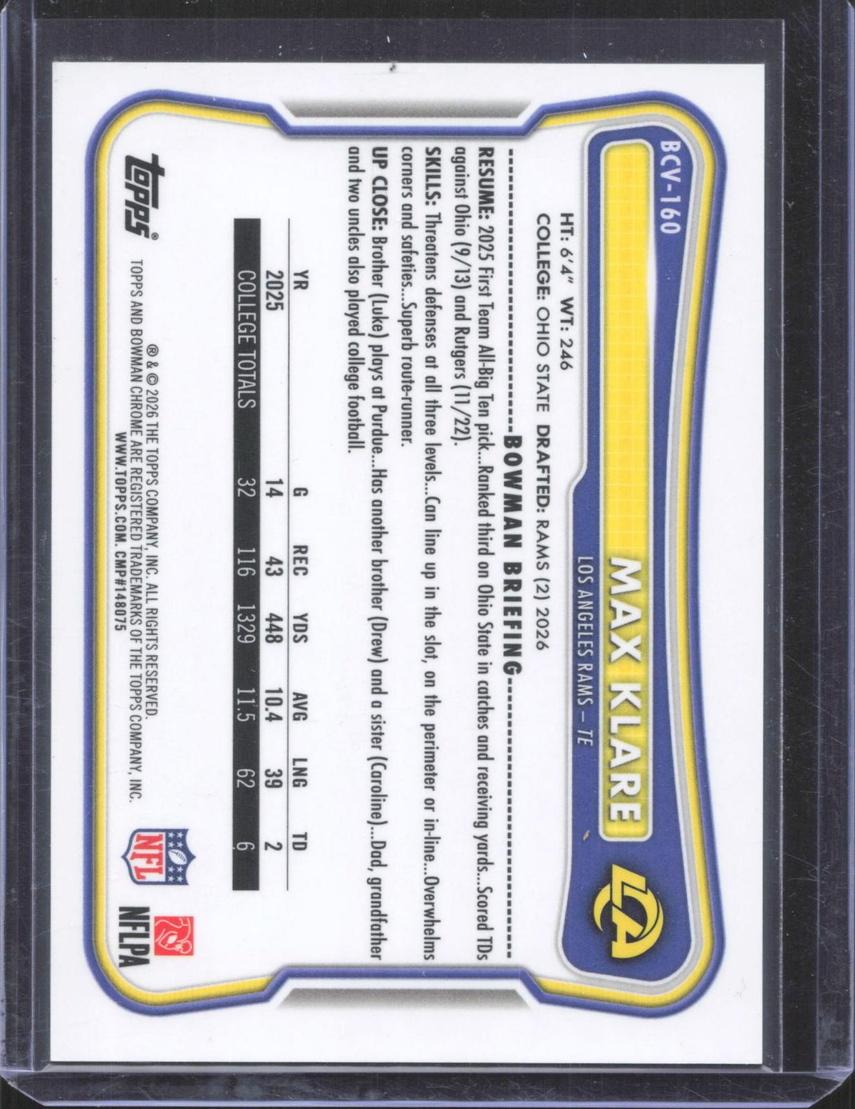 2026 Bowman Max Klare #BCV-160 Chrome /99