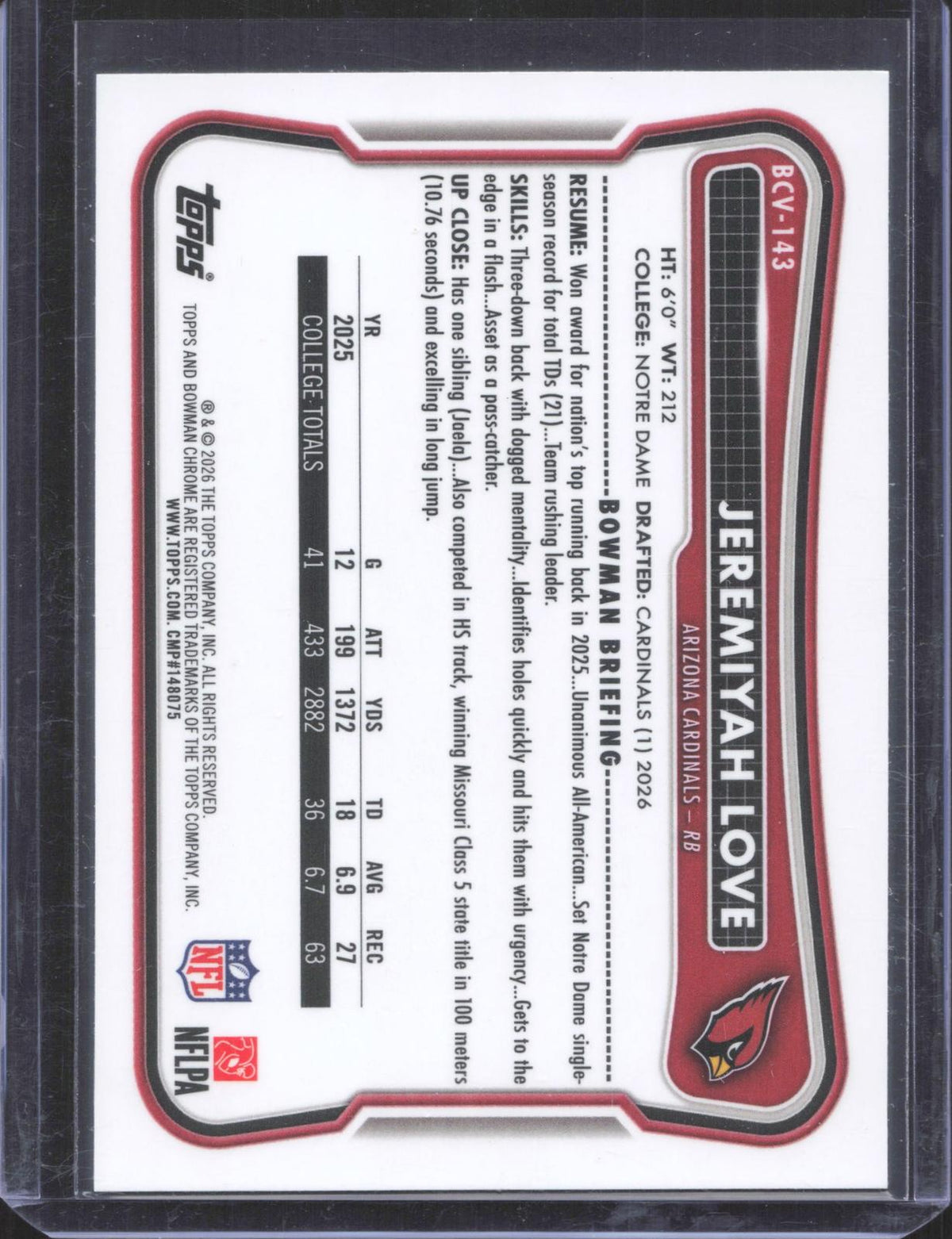 Bowman 2026 Bowman Jeremiyah Love #BCV-143 Chrome Speckle