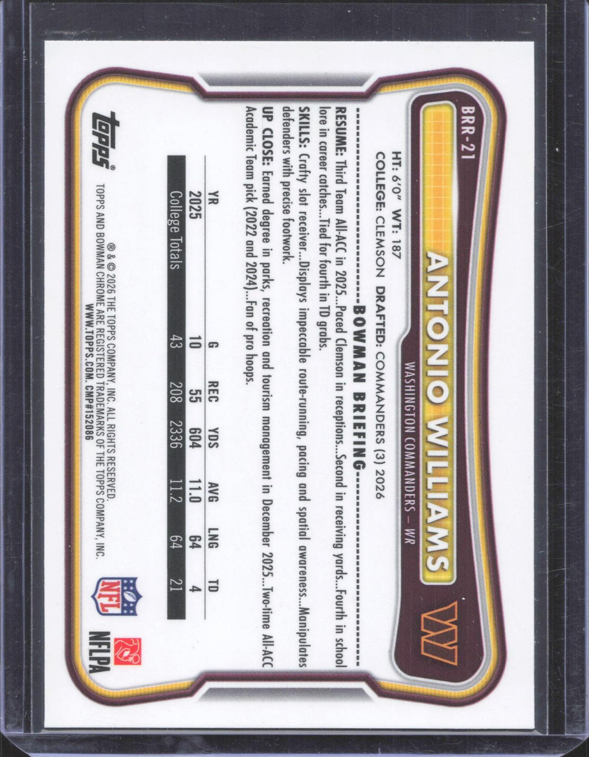 Bowman 2026 Bowman Antonio Williams #BRR-21 Chrome Rookie Red RC Logo
