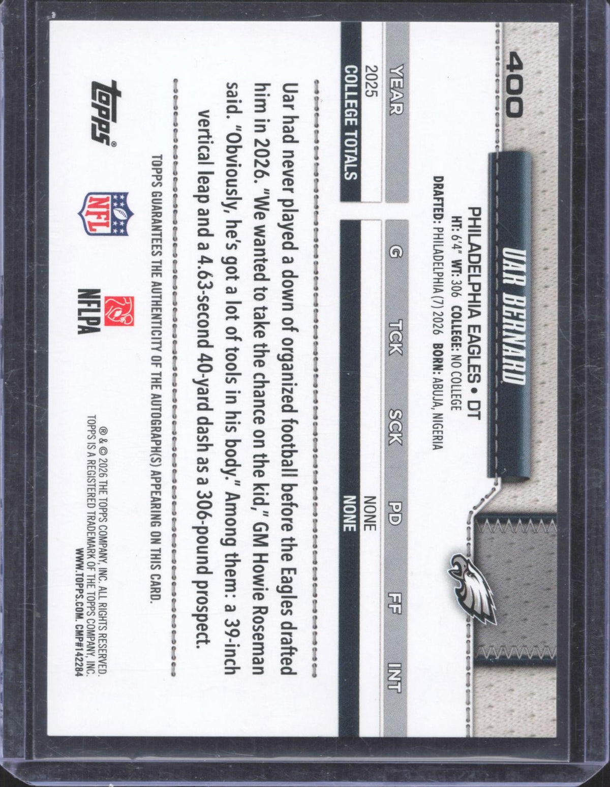 Topps 2026 Topps Flagship Uar Bernard #400 Real One Autographs