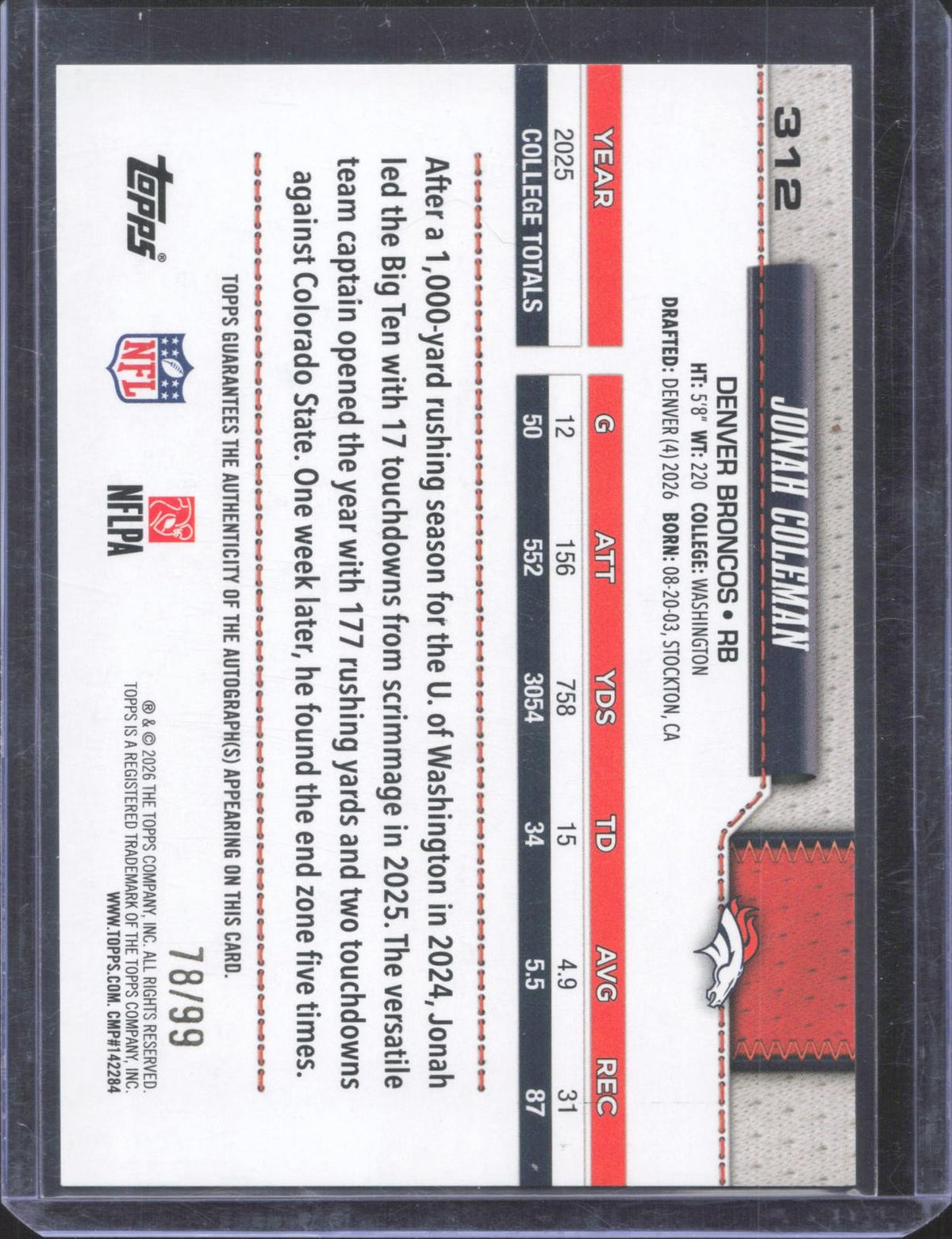 2026 Topps Flagship Jonah Coleman #312 Auto