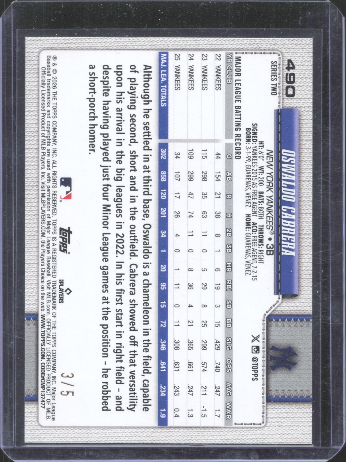 2026 Topps Oswaldo Cabrera #490 Red Sandglitter 3/5