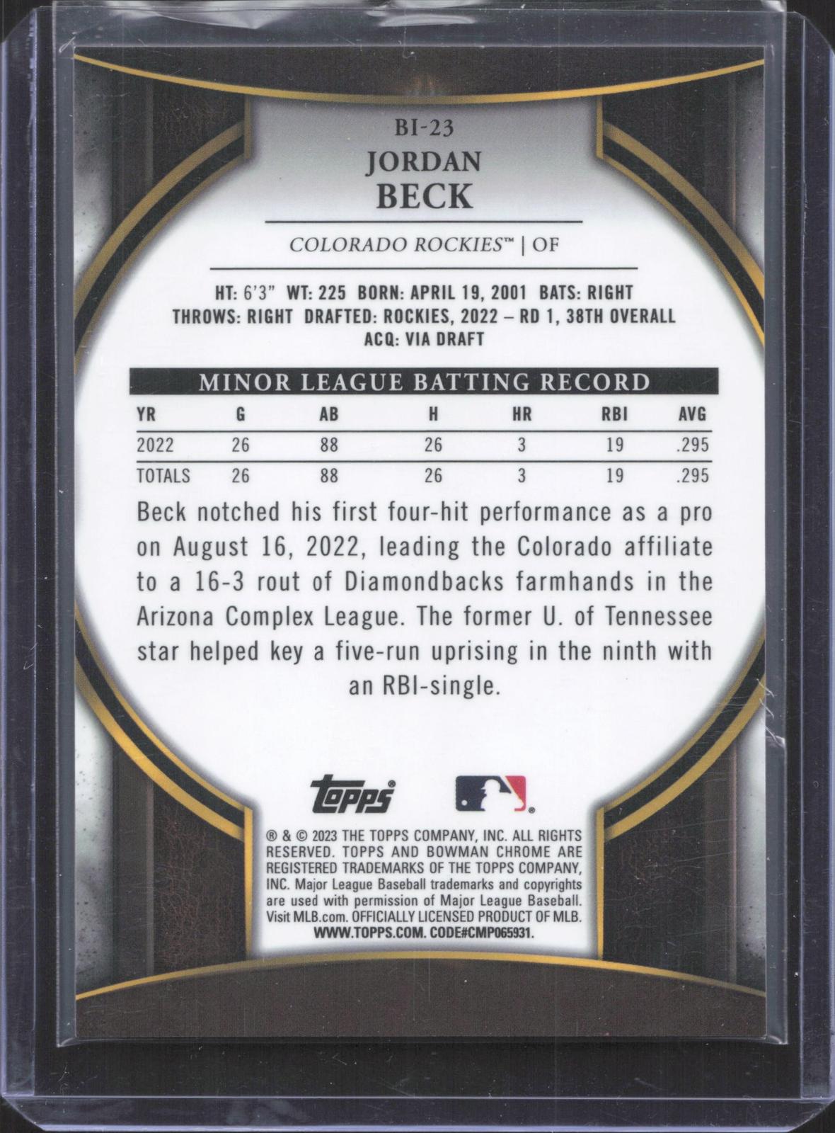 Bowman 2023 Bowman Chrome Jordan Beck #BI-23 Bowman Invicta