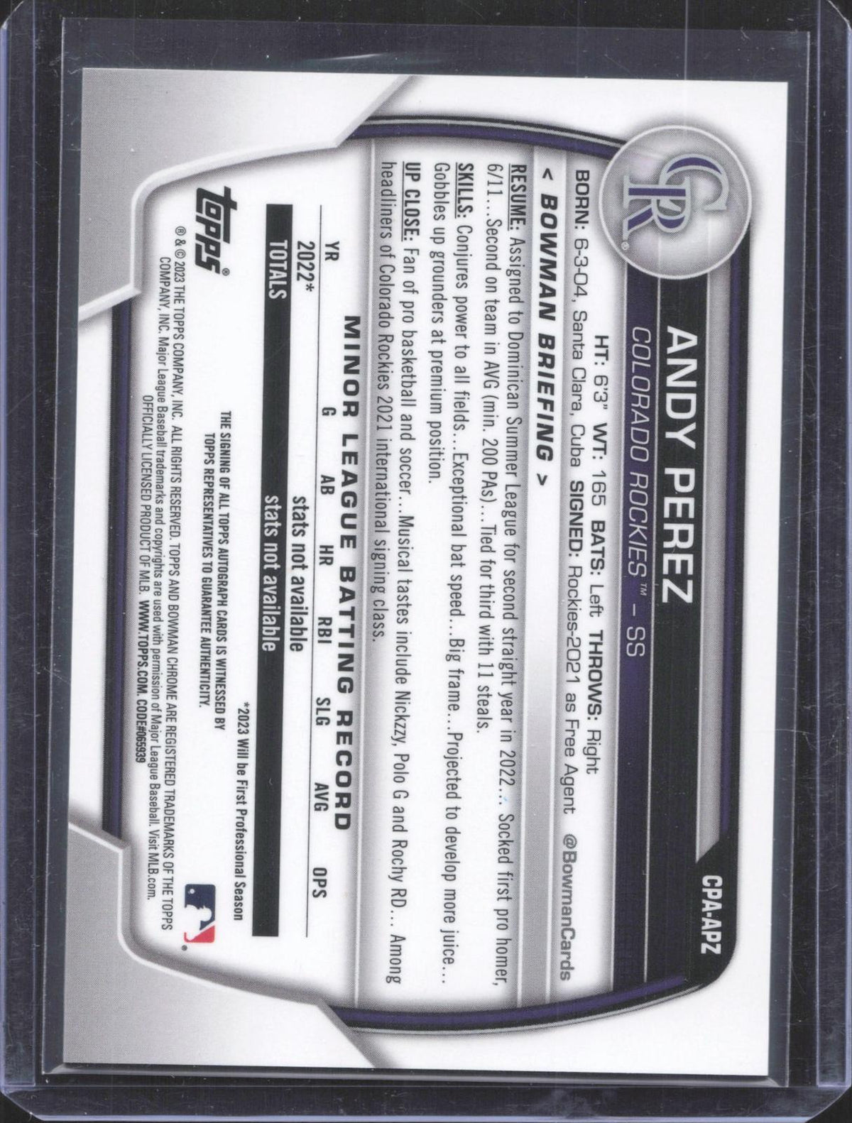 2023 Bowman Chrome Andy Perez #CPA-APZ Prospect Autographs Refractor